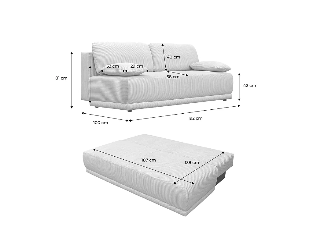 Banquette convertible 3 places velours côtelé anthracite avec coffre de rangement - L 192 x P 100 x H 81cm - Nelson