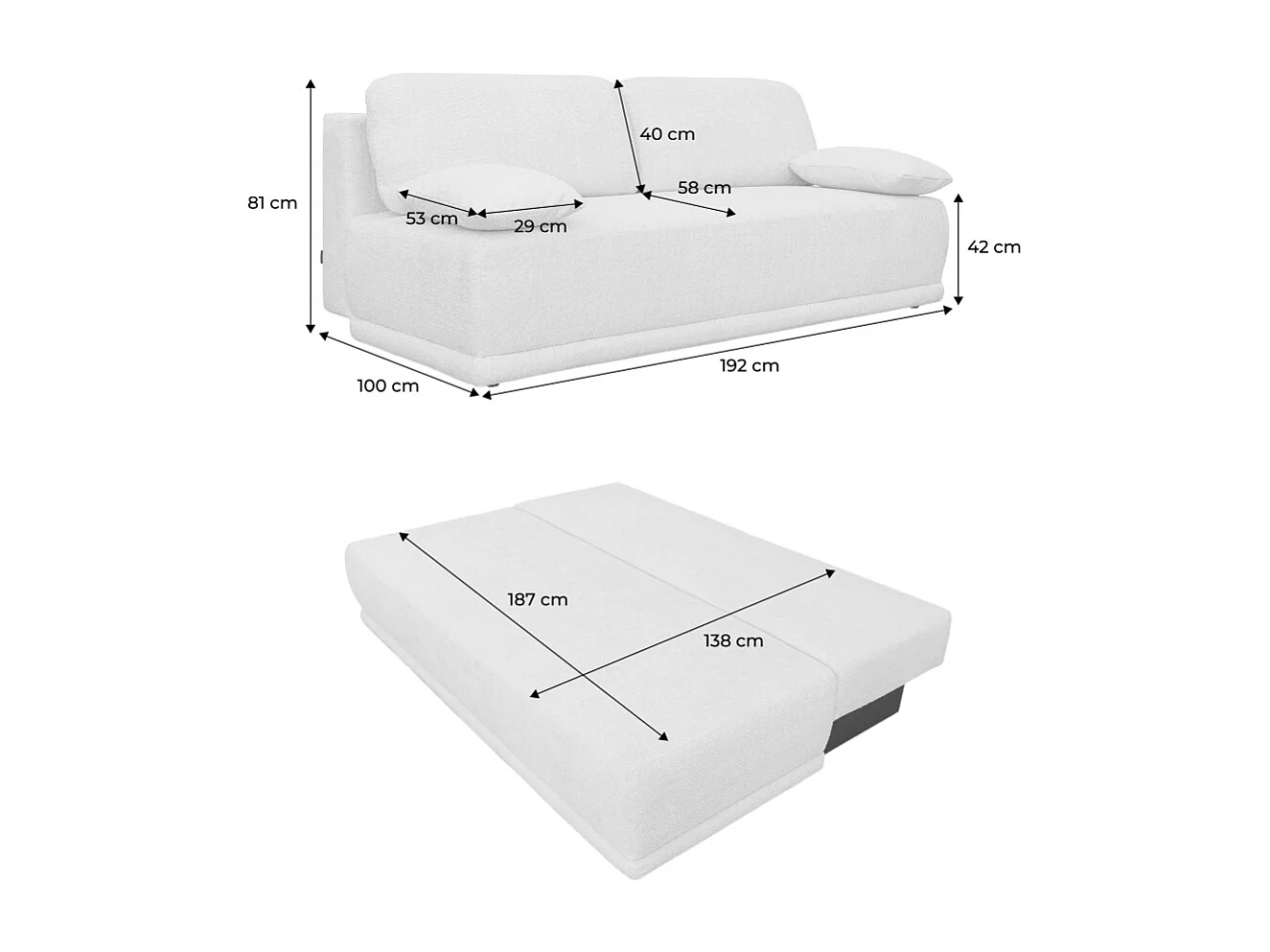 Banquette convertible 3 places bouclette avec coffre de rangement blanc cassé - L 192 x P 100 x H 81cm - Nelson
