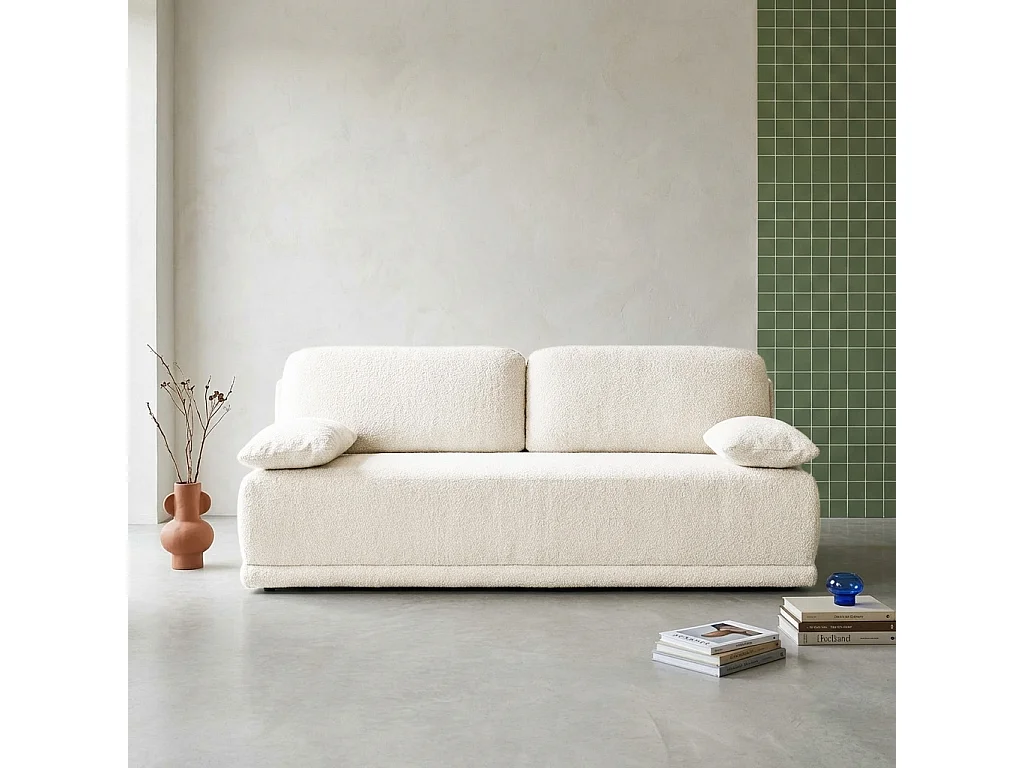 Banquette convertible 3 places bouclette avec coffre de rangement blanc cassé - L 192 x P 100 x H 81cm - Nelson