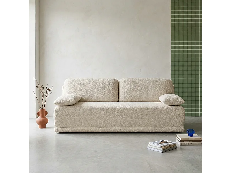 Banquette convertible 3 places bouclette avec coffre de rangement blanc cassé - L 192 x P 100 x H 81cm - Nelson