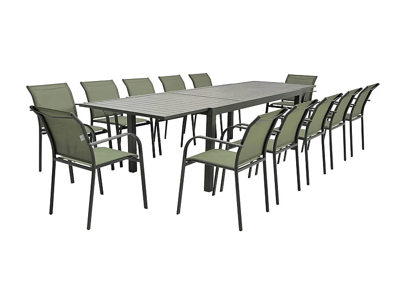 Table de jardin extensible aluminium + 10 assises kaki - Elora/Amara