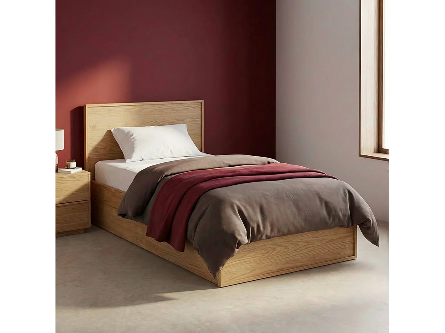 Letto con rete a doghe e testiera 90cm + 2 cassetti decorazione legno,