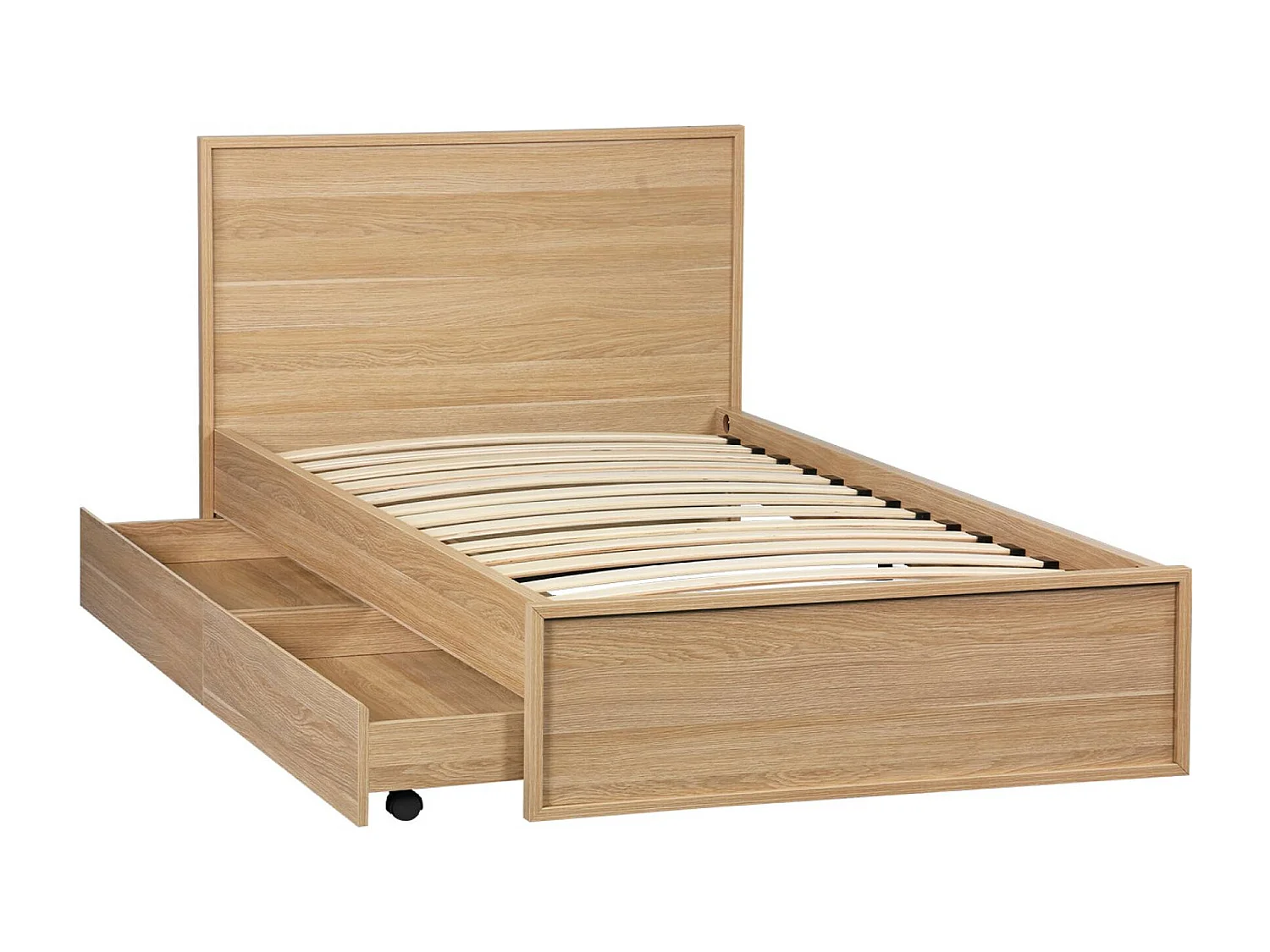 Letto con rete a doghe e testiera 90cm + 2 cassetti decorazione legno,