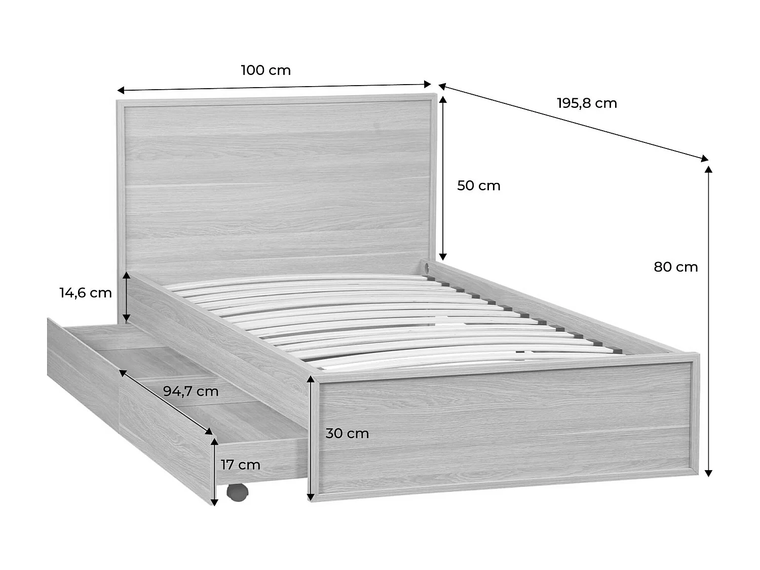 Letto con rete a doghe e testiera 90cm + 2 cassetti decorazione legno,