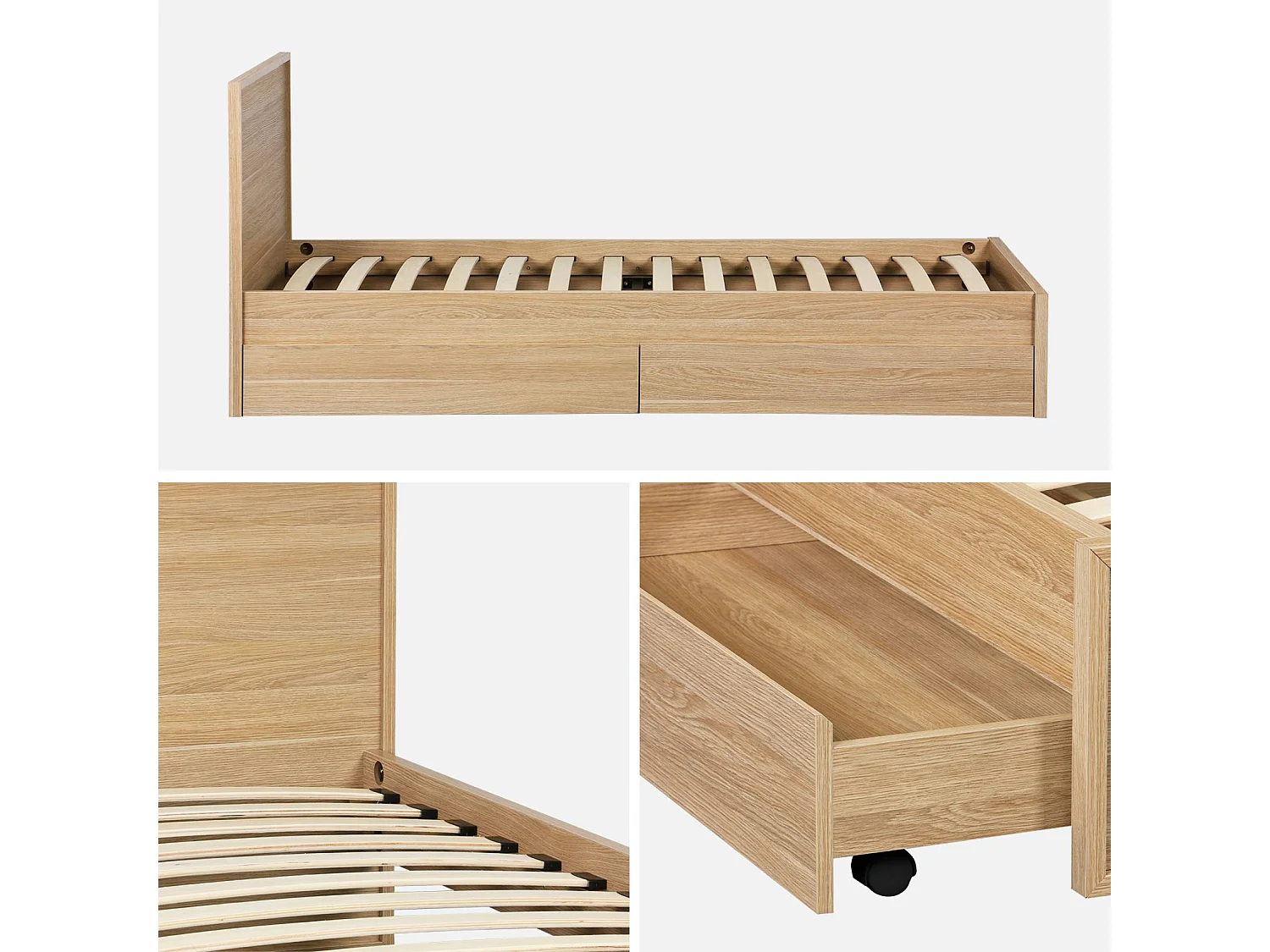 Letto con rete a doghe e testiera 90cm + 2 cassetti decorazione legno,