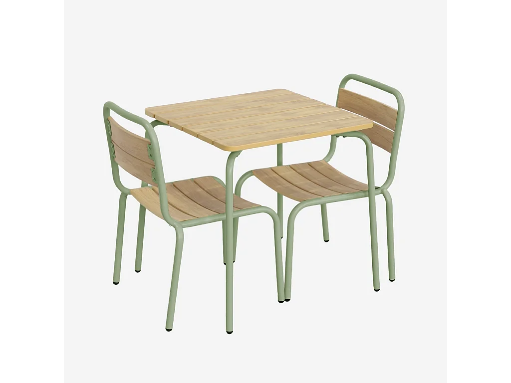 Table de jardin enfant acier et décor bois + 2 assises vert de gris - Suzie