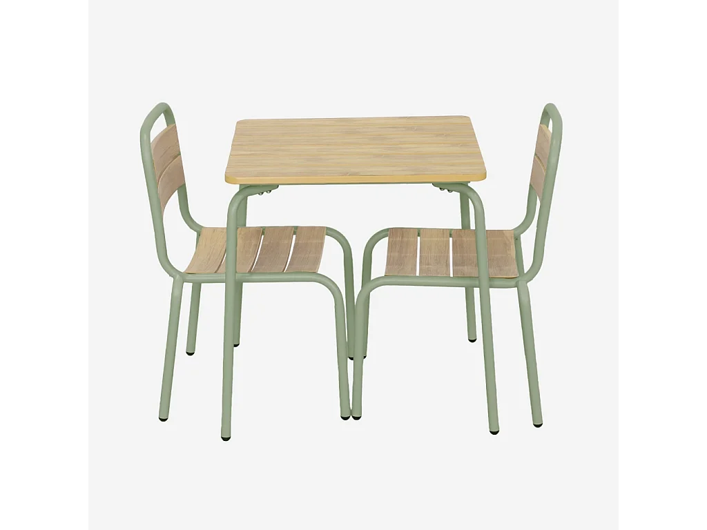 Table de jardin enfant acier et décor bois + 2 assises vert de gris - Suzie