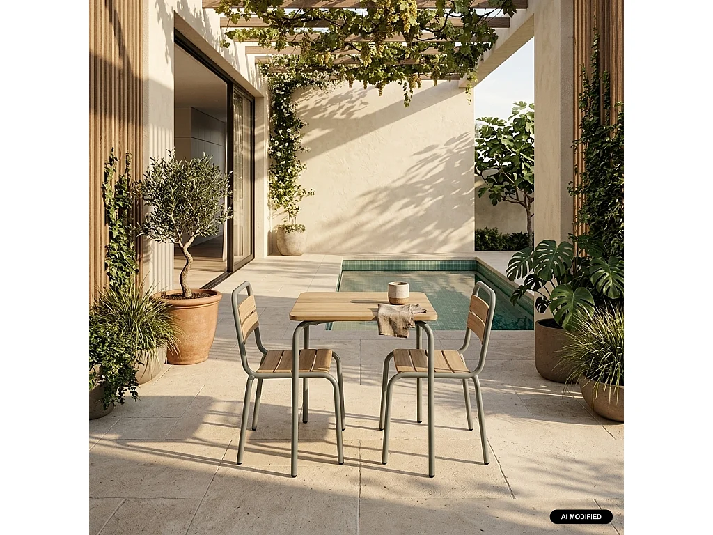 Table de jardin enfant acier et décor bois + 2 assises vert de gris - Suzie