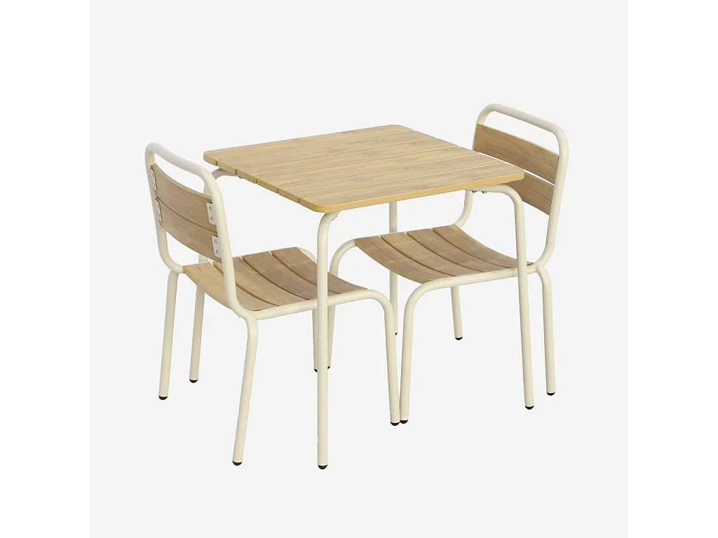 Mesa de jardín infantil de acero y decoración de madera con 2 asientos