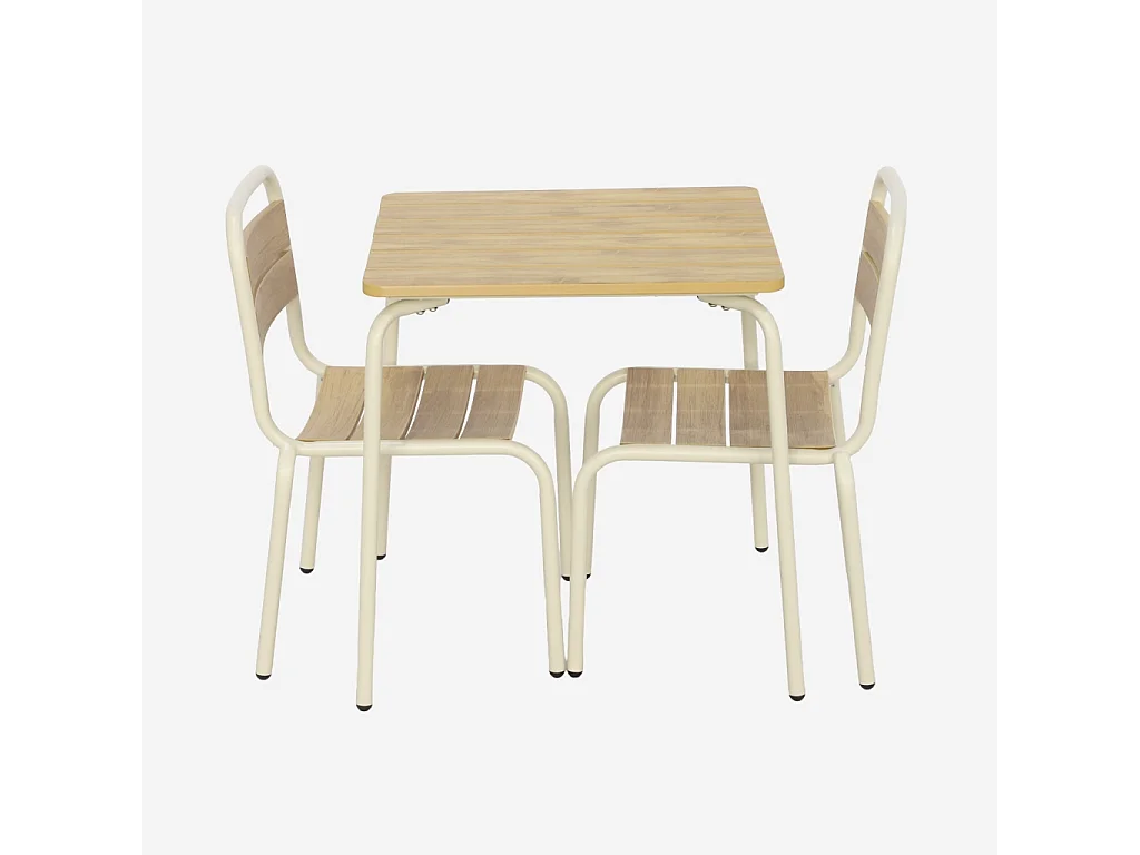 Mesa de jardín infantil de acero y decoración de madera con 2 asientos