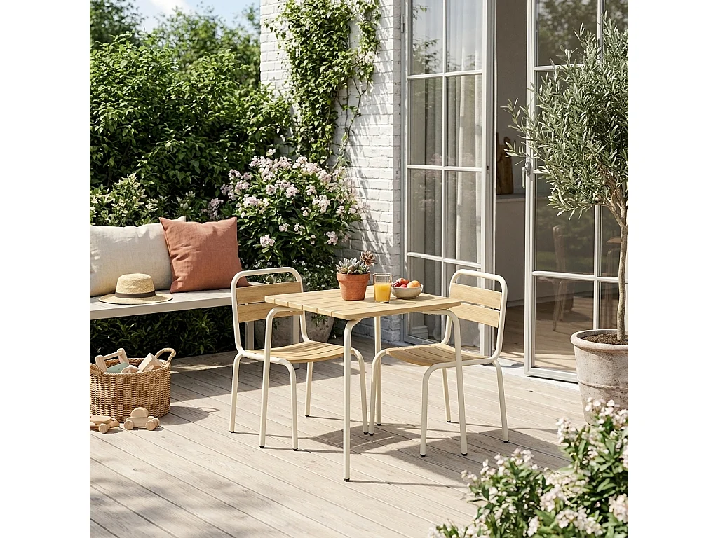 Mesa de jardín infantil de acero y decoración de madera con 2 asientos