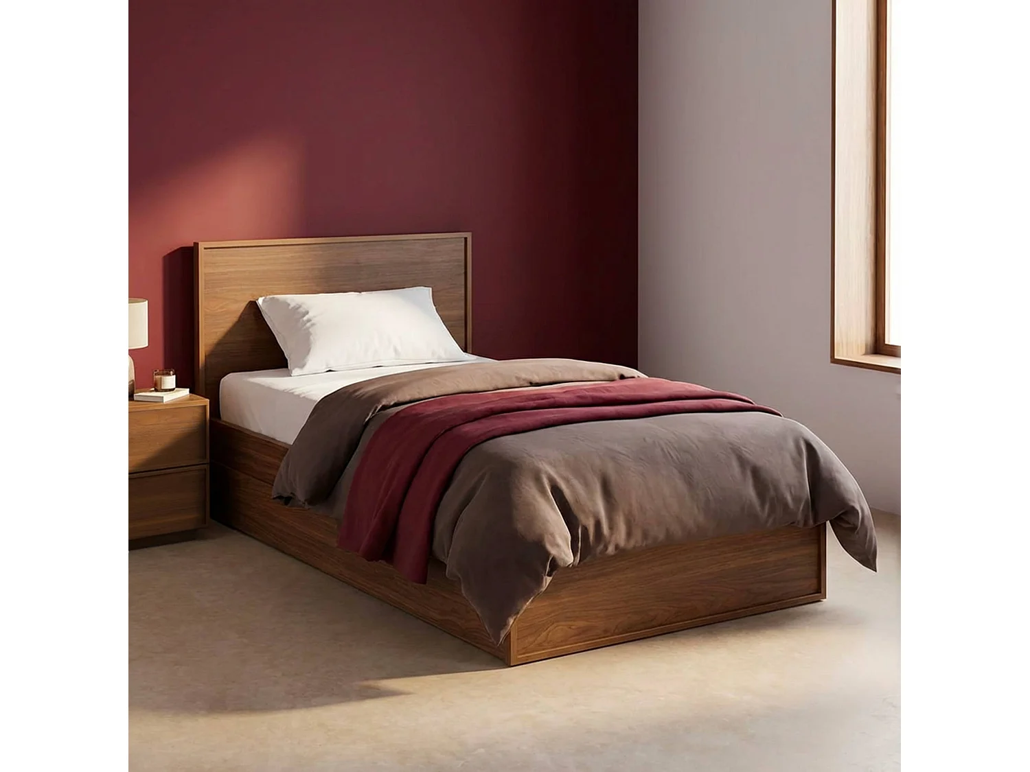 Letto con rete a doghe e testiera 90cm + 2 cassetti decorazione legno,