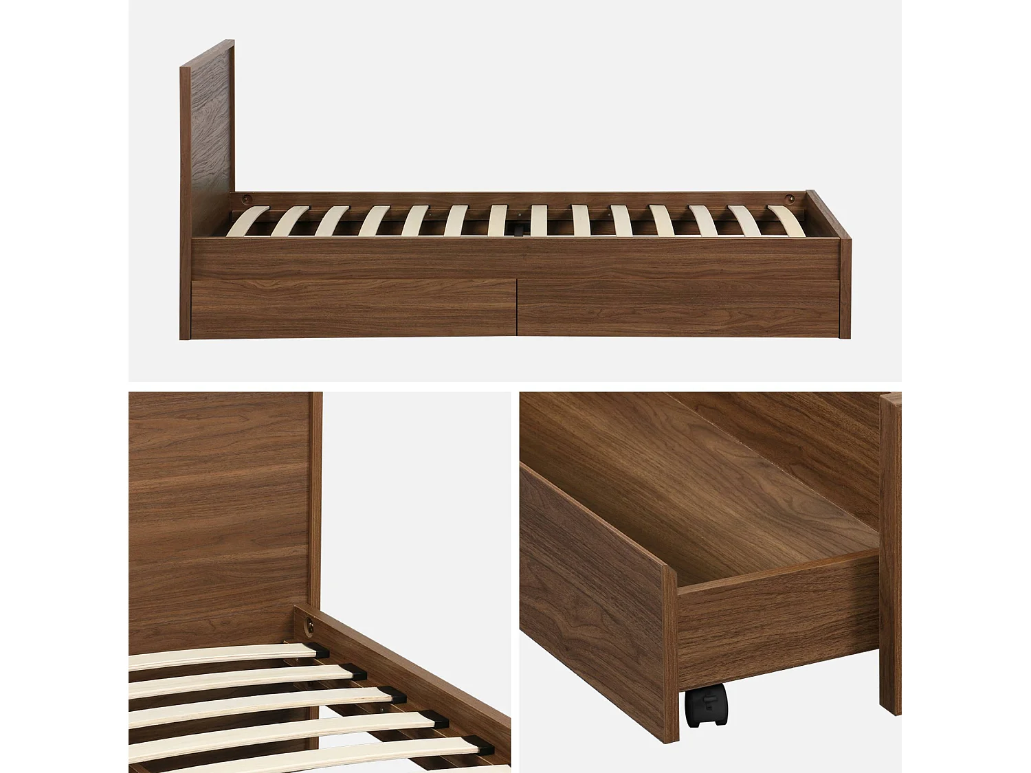 Letto con rete a doghe e testiera 90cm + 2 cassetti decorazione legno,