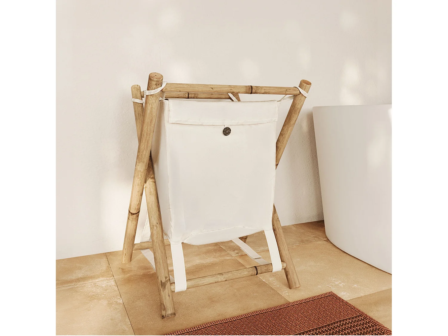 Panier à linge pliable en tissu blanc et bambou  - Bami