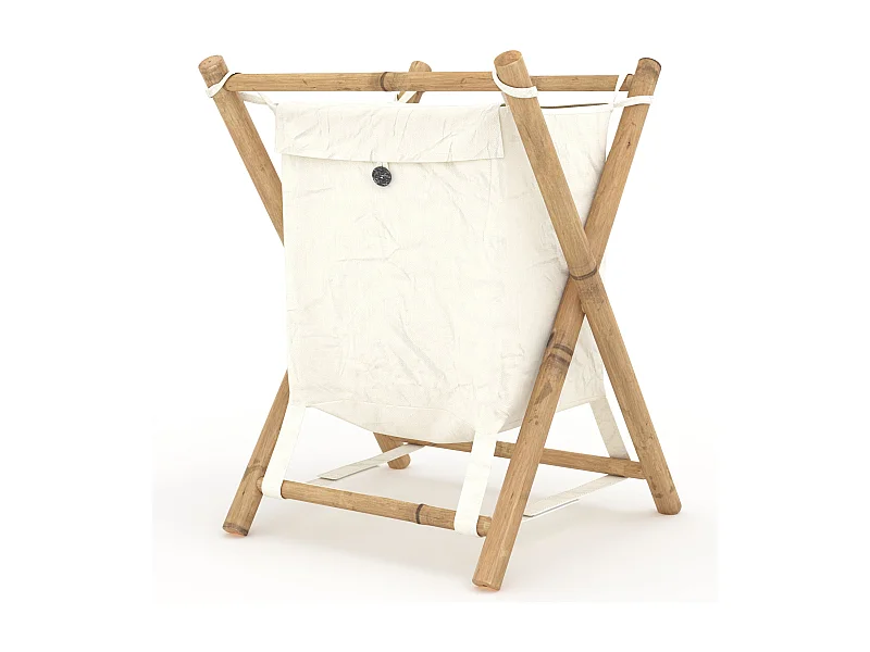 Panier à linge pliable en tissu blanc et bambou  - Bami