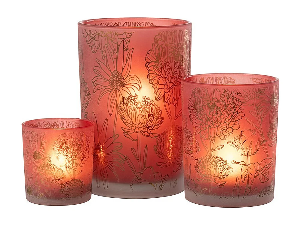 Photophore Déco en Verre Mat "Fleurs" 18cm Rouge