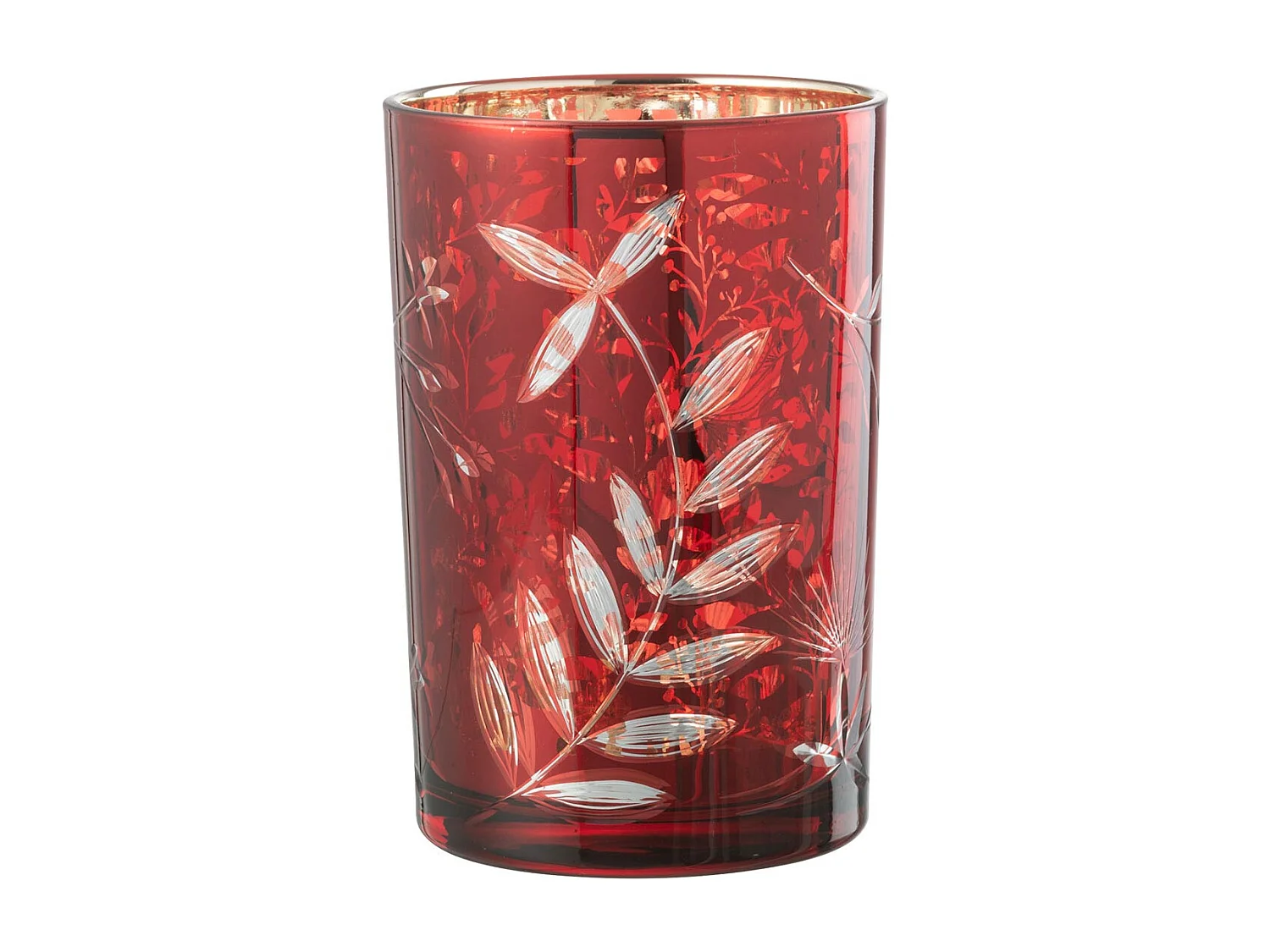 Photophore Déco en Verre "Feuilles" 18cm Rouge