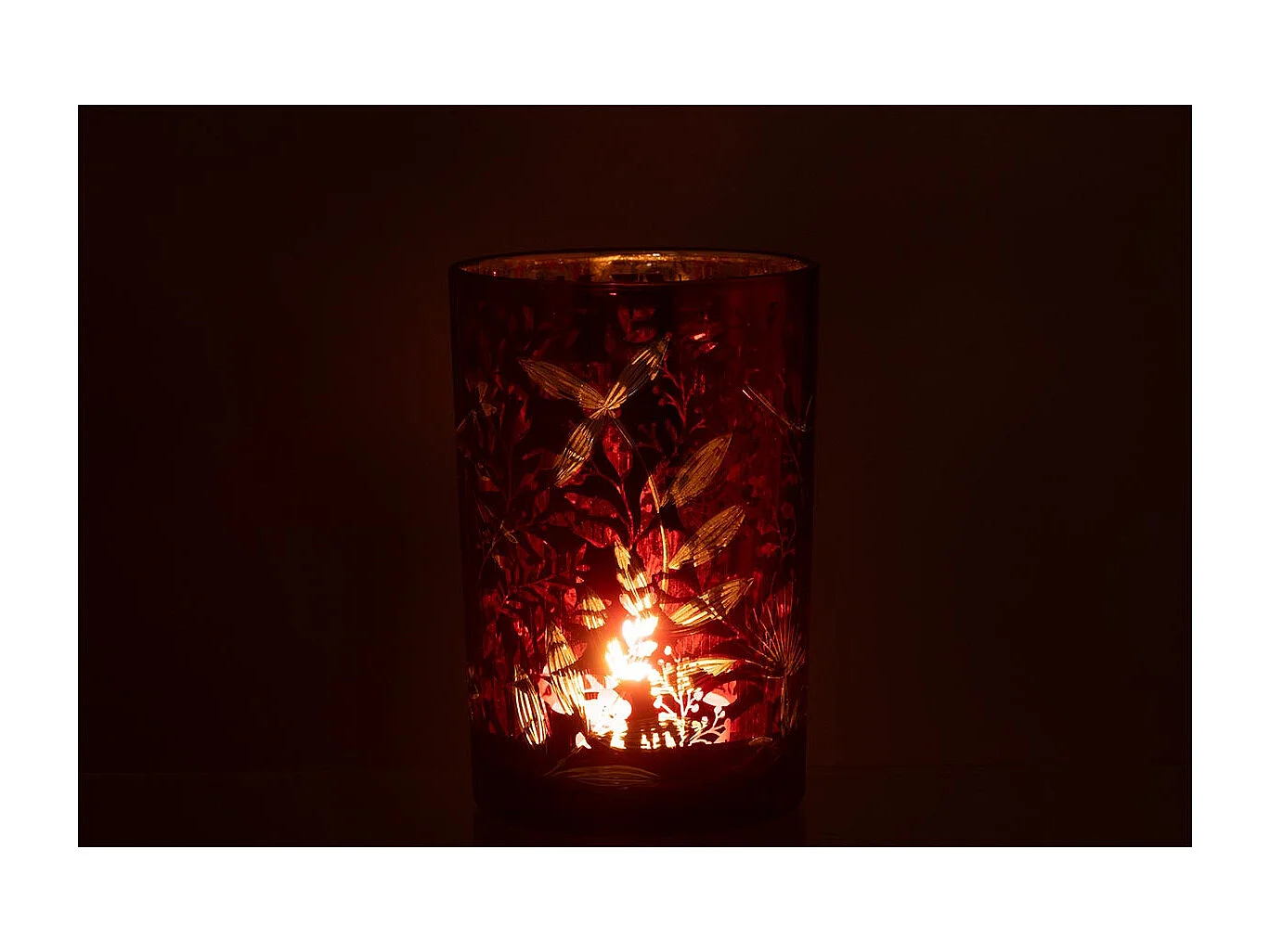 Photophore Déco en Verre "Feuilles" 18cm Rouge