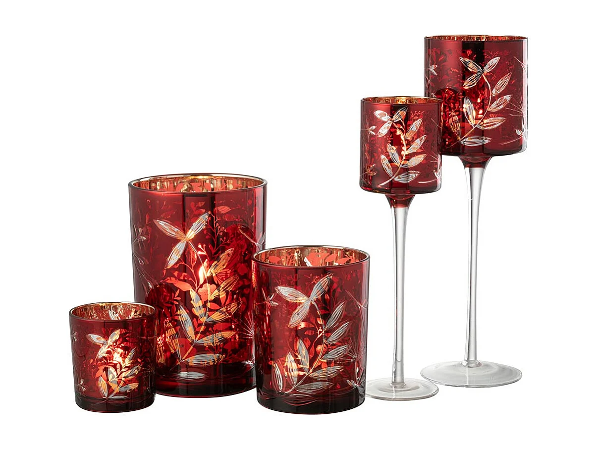 Photophore Déco en Verre "Feuilles" 18cm Rouge