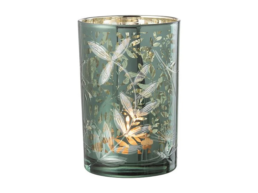 Photophore Déco en Verre "Feuilles" 18cm Vert