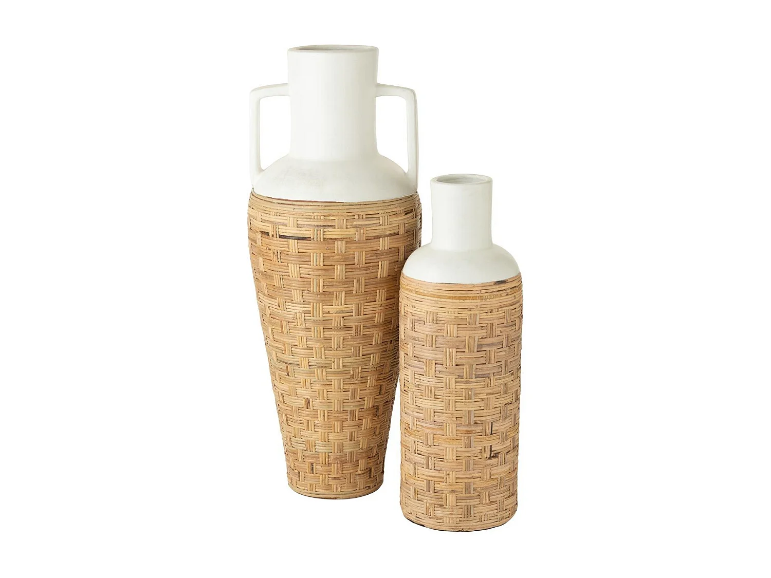 Vase Déco avec Tissage Rotin "Bali" 75cm Blanc & Naturel