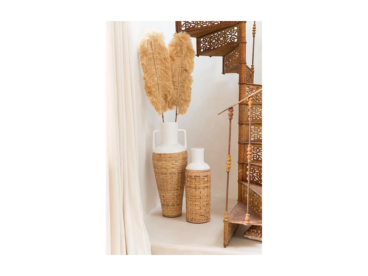 Vase Déco avec Tissage Rotin "Bali" 75cm Blanc & Naturel