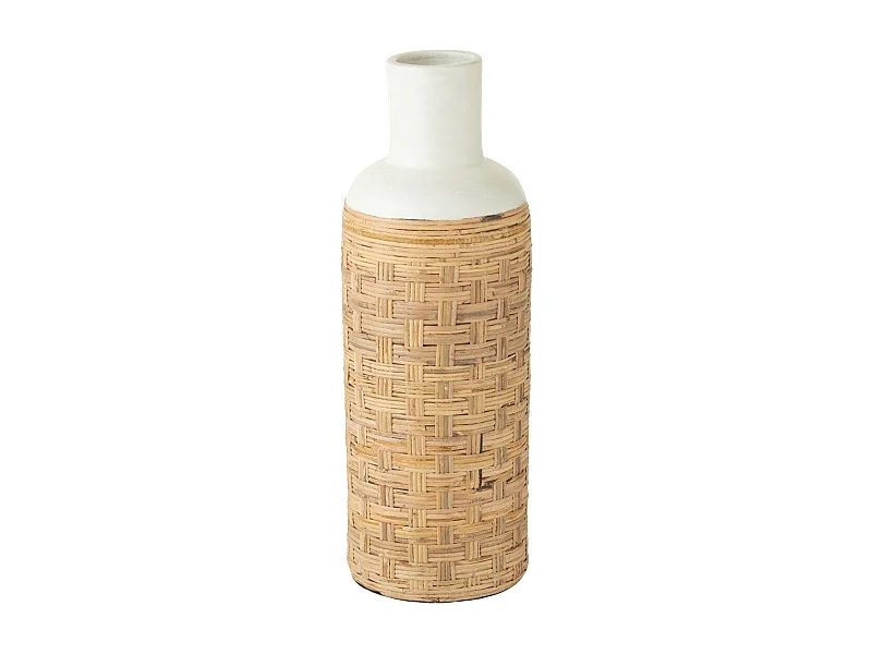 Vase Déco avec Tissage Rotin "Bali" 75cm Blanc & Naturel