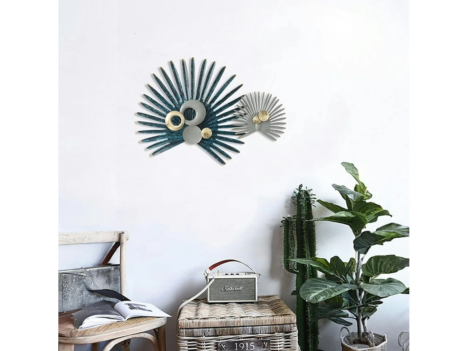 Décoration murale en métal feuilles de palmiers bleues et grises