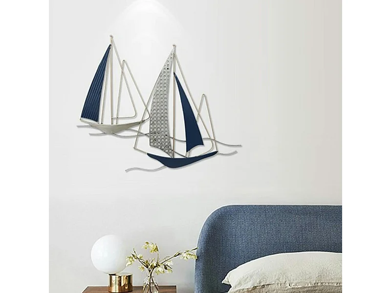Décoration murale en métal 2 bateaux bleu cobalt et gris
