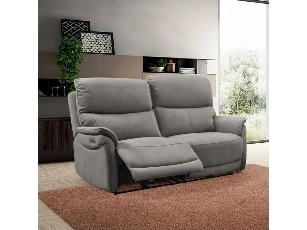 Canapé 2,5 places relax électrique tissu polyester imitation peau gris foncé - SULTAN