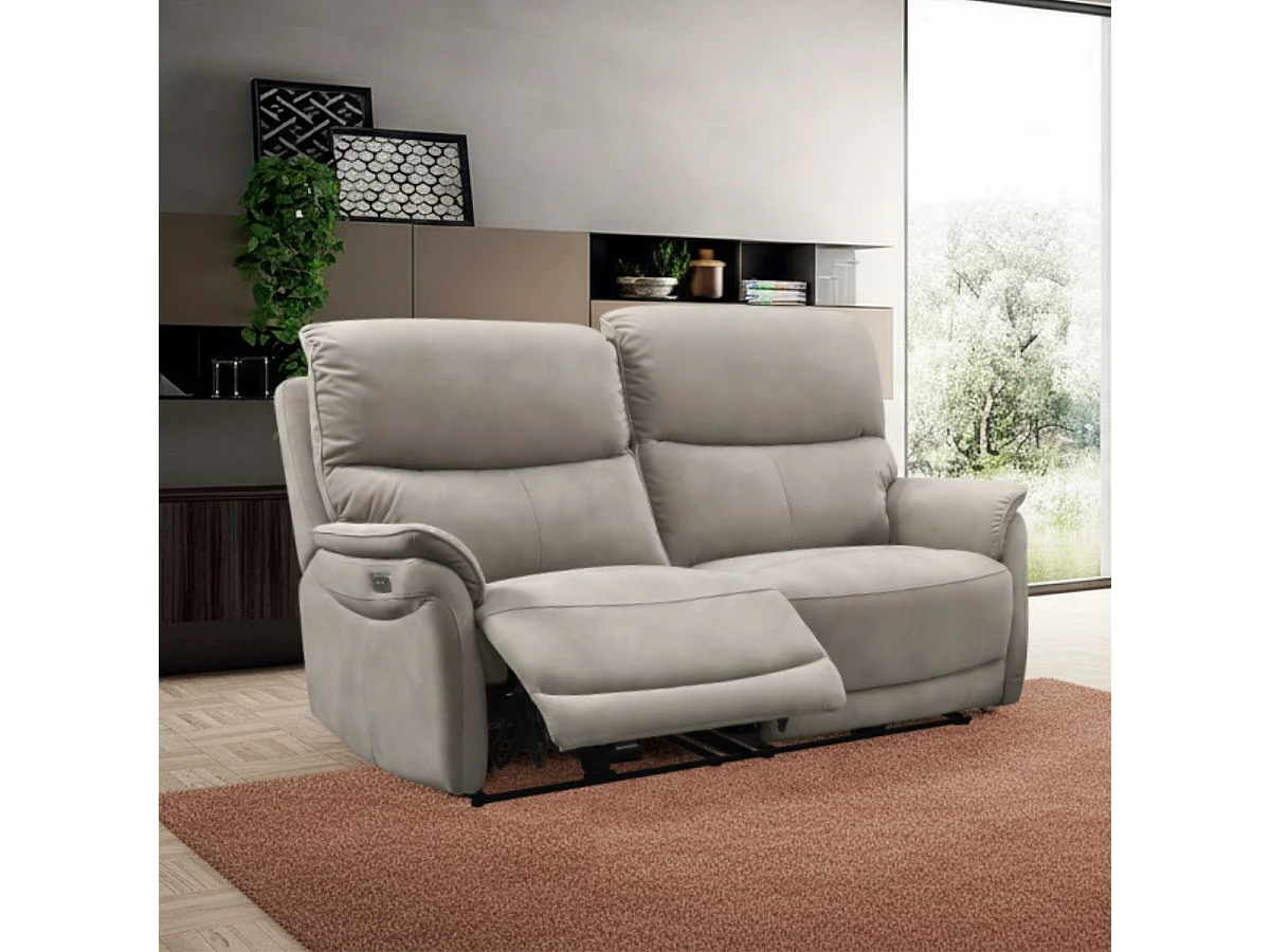 Canapé 2,5 places relax électrique tissu polyester imitation peau gris clair - SULTAN