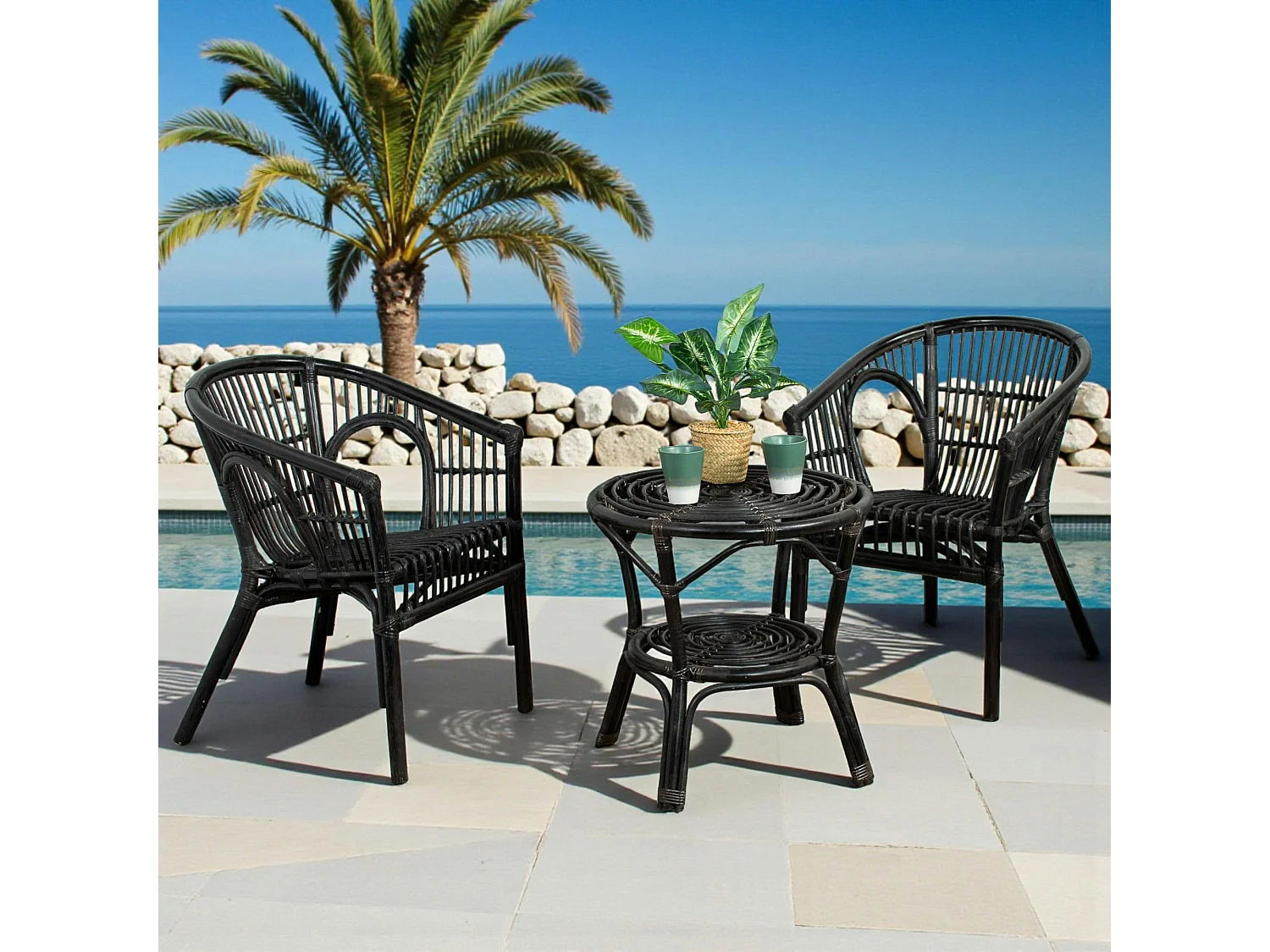 Salon de jardin en rotin noir (2 fauteuils, 1 table basse) COPENHAGUE