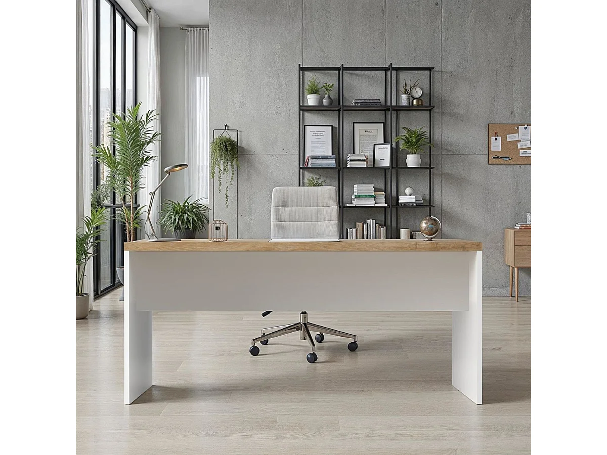 Bureau 160cm blanc laqué brillant plateau aspect bois finition Cadiz - GENIUS
