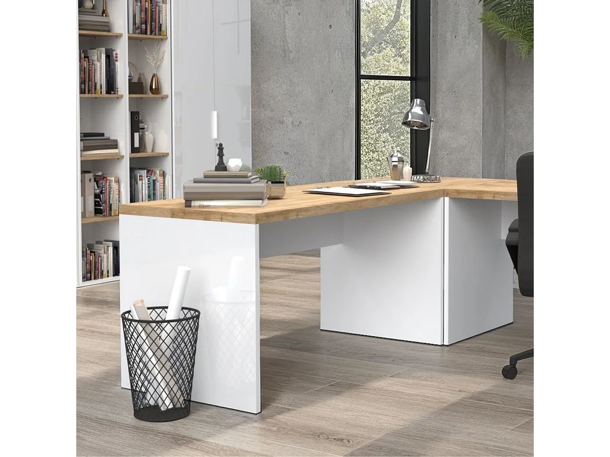 Bureau 160cm blanc laqué brillant plateau aspect bois finition Cadiz - GENIUS