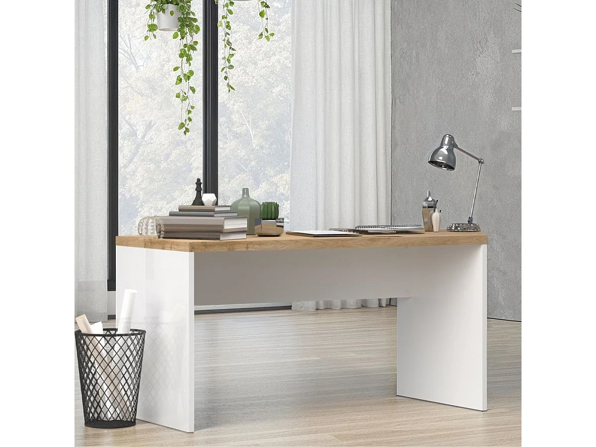 Bureau 138cm blanc laqué brillant plateau aspect bois finition Cadiz - GENIUS