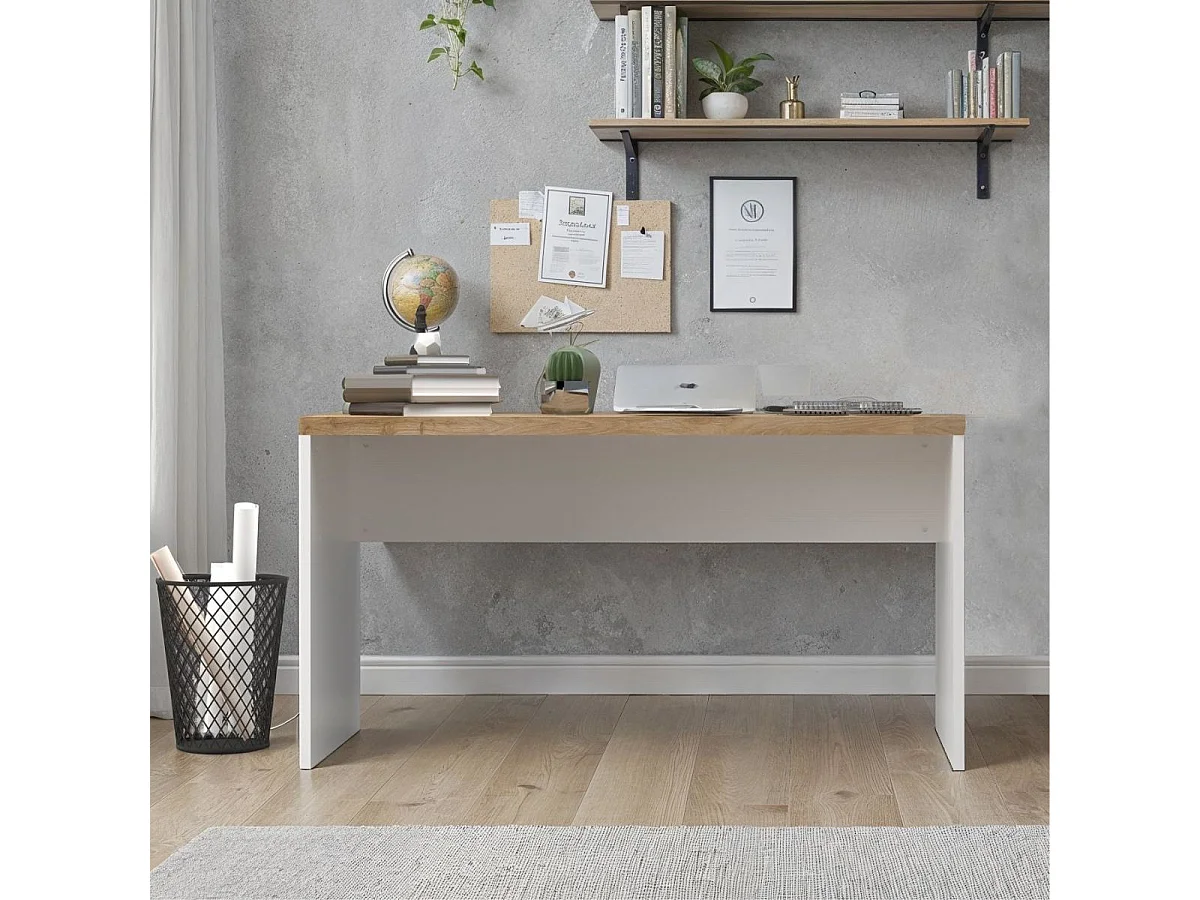Bureau 138cm blanc laqué brillant plateau aspect bois finition Cadiz - GENIUS
