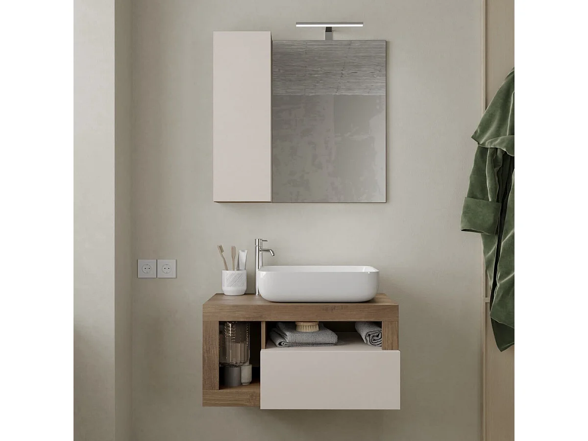 ARTURO - Meuble Vasque 78cm suspendu 1 tiroirs beige laqué et aspect bois finition Mercure