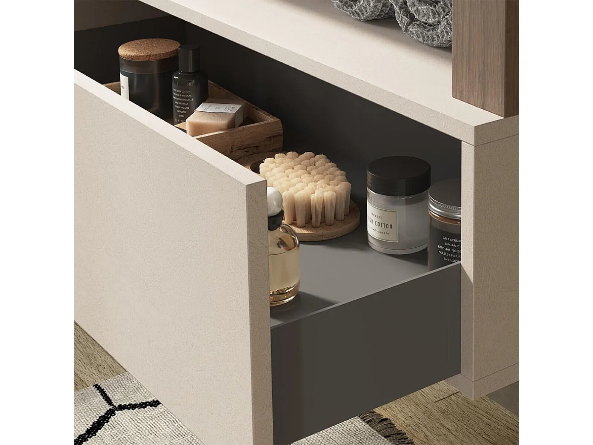 ARTURO - Meuble Vasque 78cm suspendu 1 tiroirs beige laqué et aspect bois finition Mercure