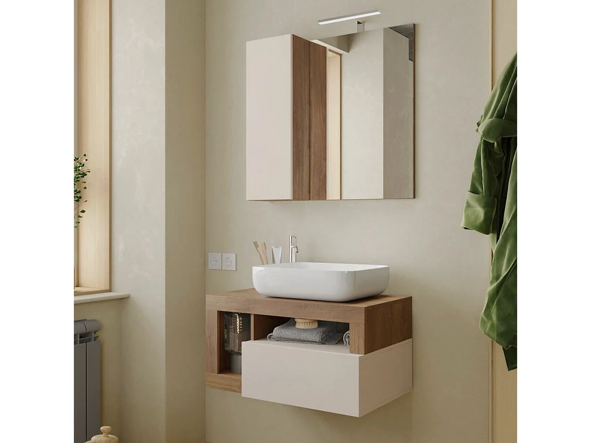 ARTURO - Meuble Vasque 78cm suspendu 1 tiroirs beige laqué et aspect bois finition Mercure