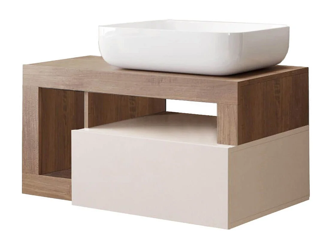 ARTURO - Meuble Vasque 78cm suspendu 1 tiroirs beige laqué et aspect bois finition Mercure