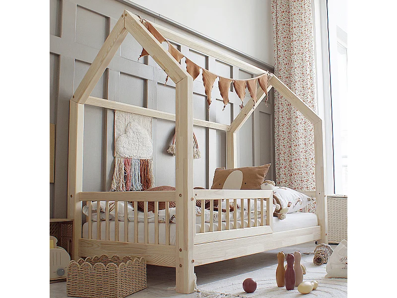 Lit cabane 90x190 barrière et sommier inclus pieds 10 cm Sofia Bois