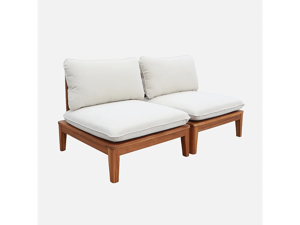 Divano modulare da giardino in legno di acacia e bouclé, 2 posti,