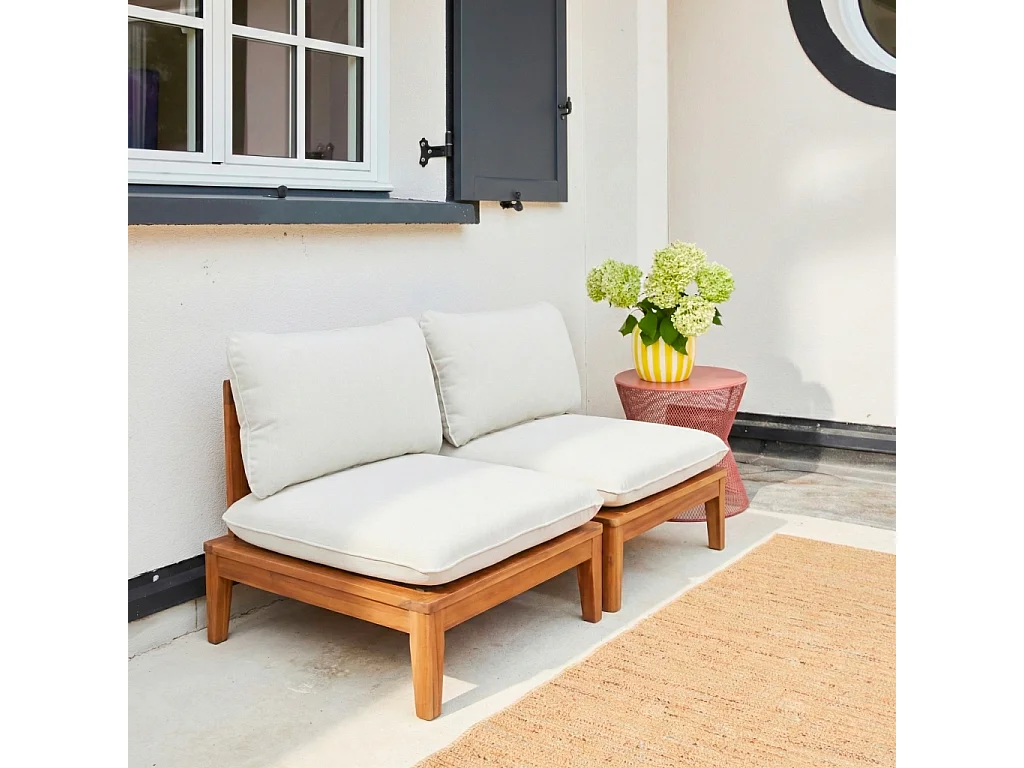 Divano modulare da giardino in legno di acacia e bouclé, 2 posti,