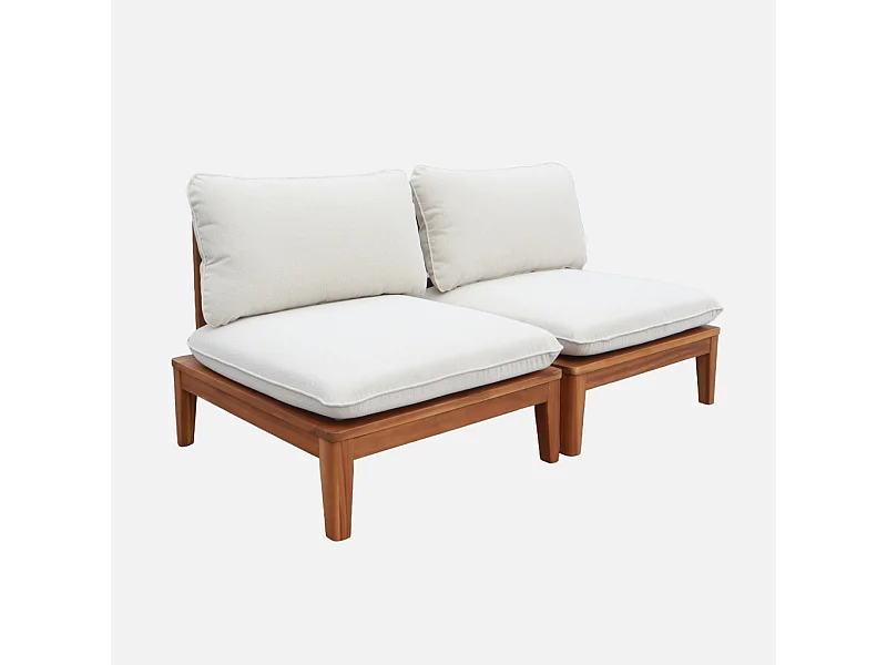 Divano modulare da giardino in legno di acacia e bouclé, 2 posti,