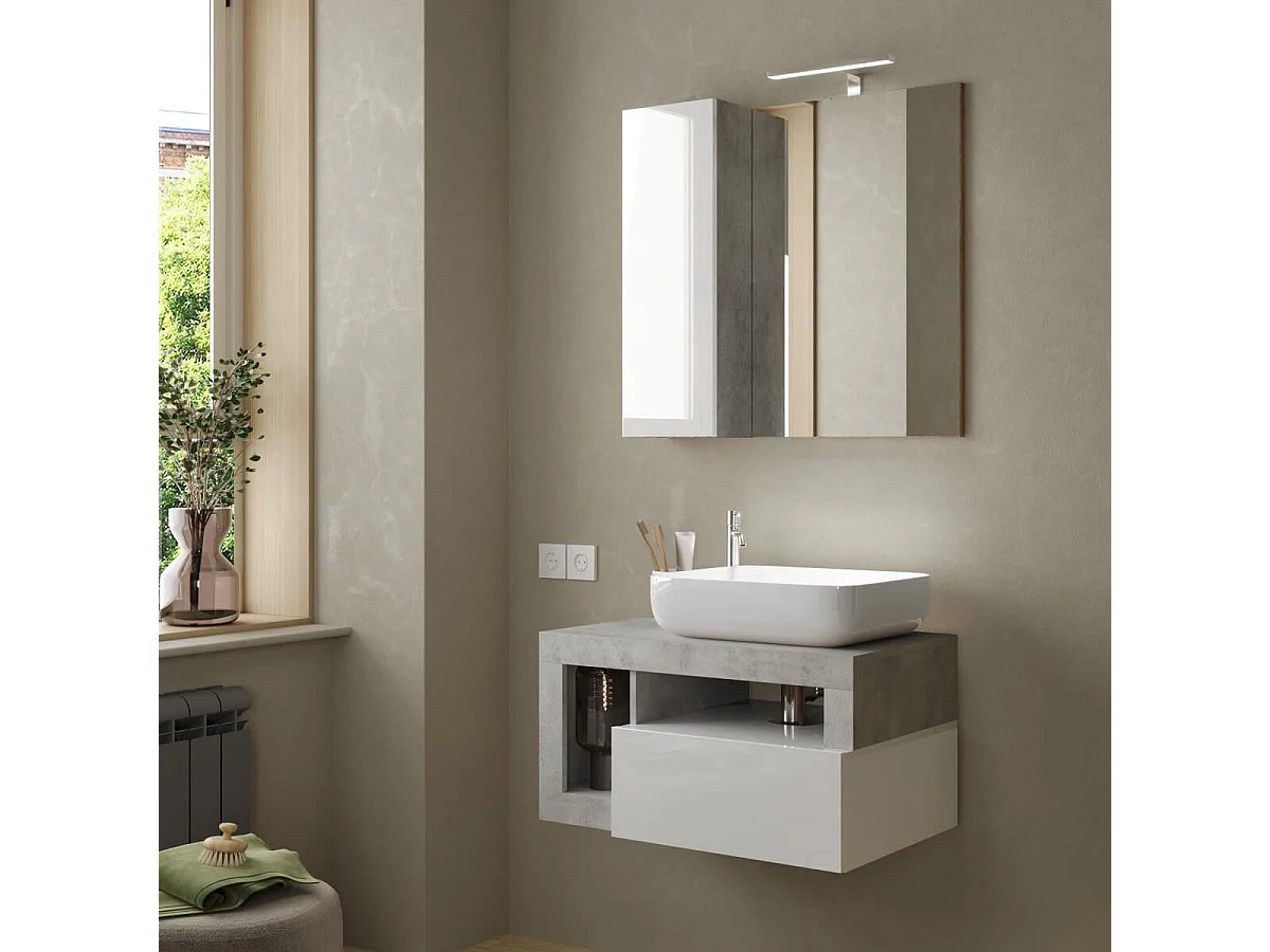 ARTURO - Meuble Vasque 78cm suspendu 1 tiroirs blanc laqué et aspect béton