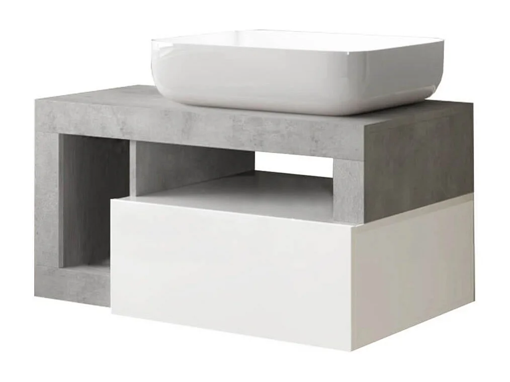 ARTURO - Meuble Vasque 78cm suspendu 1 tiroirs blanc laqué et aspect béton