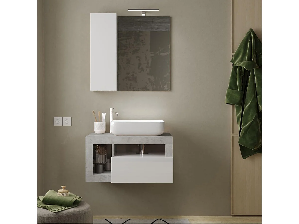 ARTURO - Meuble Vasque 78cm suspendu 1 tiroirs blanc laqué et aspect béton