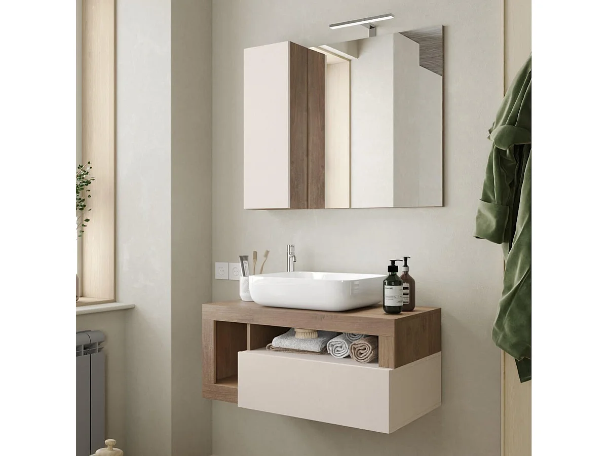 ARTURO - Meuble Vasque 92cm suspendu 1 tiroirs beige laqué et aspect bois finition Mercure