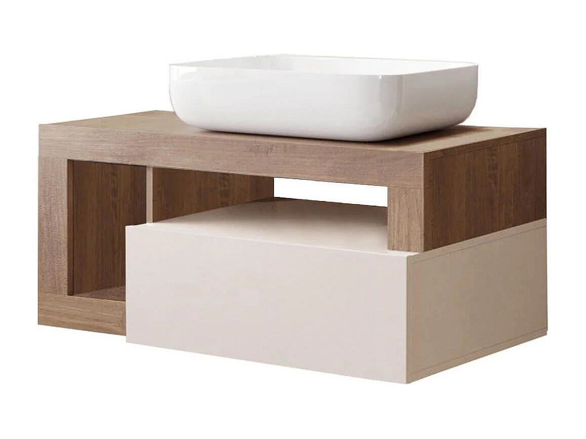 ARTURO - Meuble Vasque 92cm suspendu 1 tiroirs beige laqué et aspect bois finition Mercure