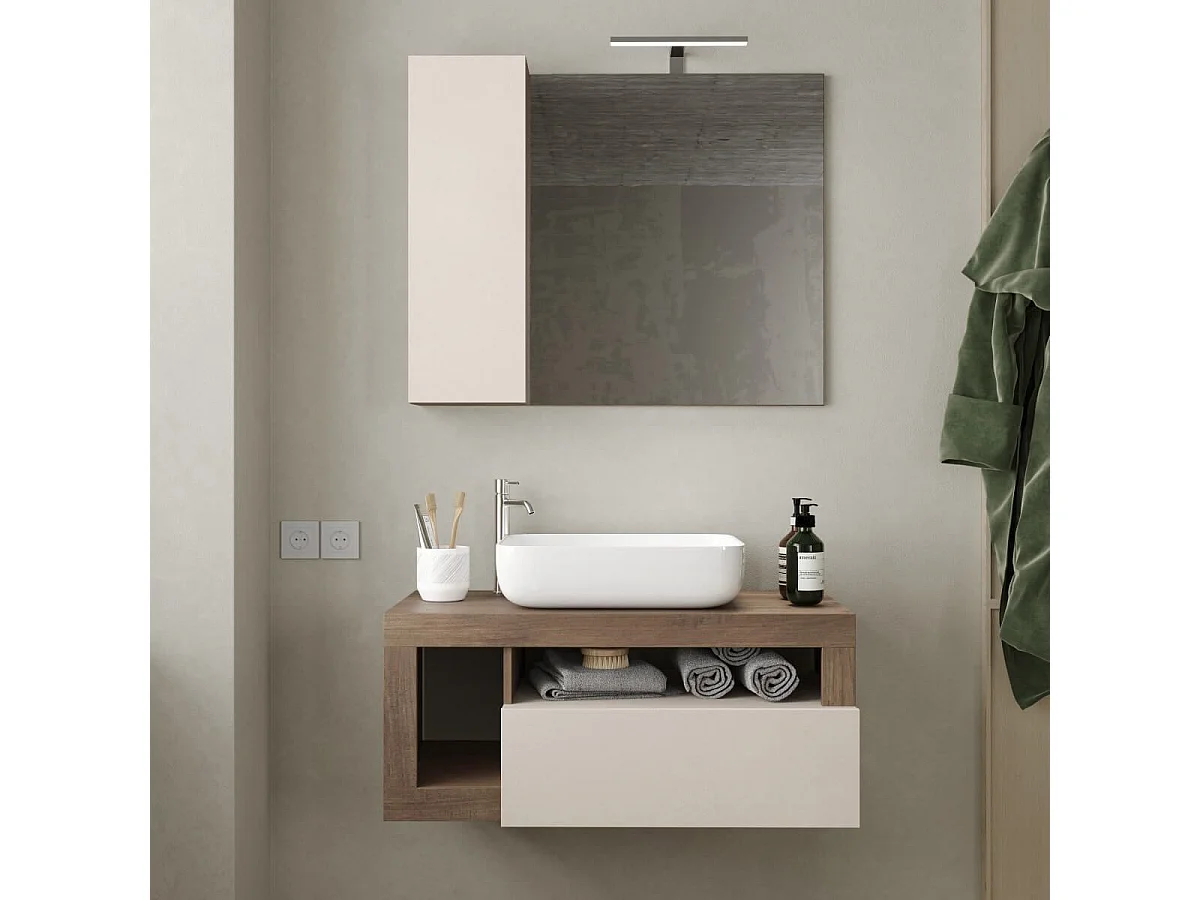 ARTURO - Meuble Vasque 92cm suspendu 1 tiroirs beige laqué et aspect bois finition Mercure
